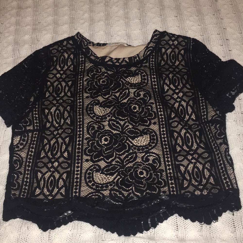 Tan over lace formal top.